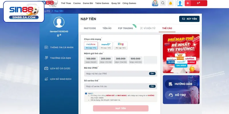 Nạp tiền Sin88 qua Thẻ cào