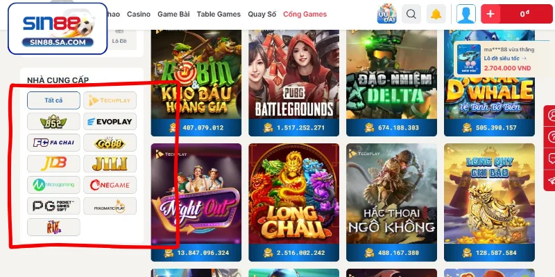 Những sảnh chơi Slot tại Sin88 đáng tham gia